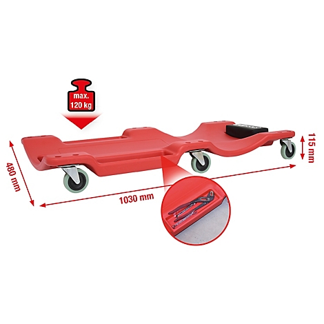 Rote Werkstattliege mit Rollen, Gewichtsangabe und Maßangaben. Inset mit Werkzeug.